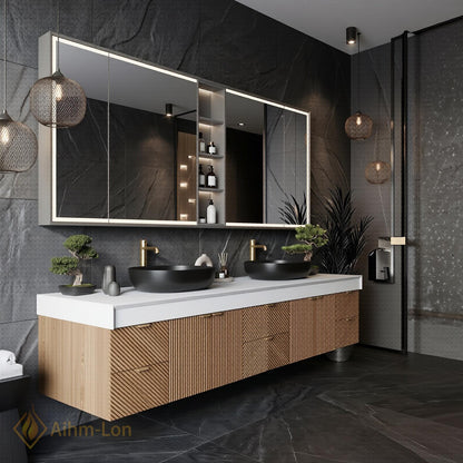 78''-96'' Modern Bathroom Vanity with Sink Floating Dark Wood Slatted Mirror Cabinet