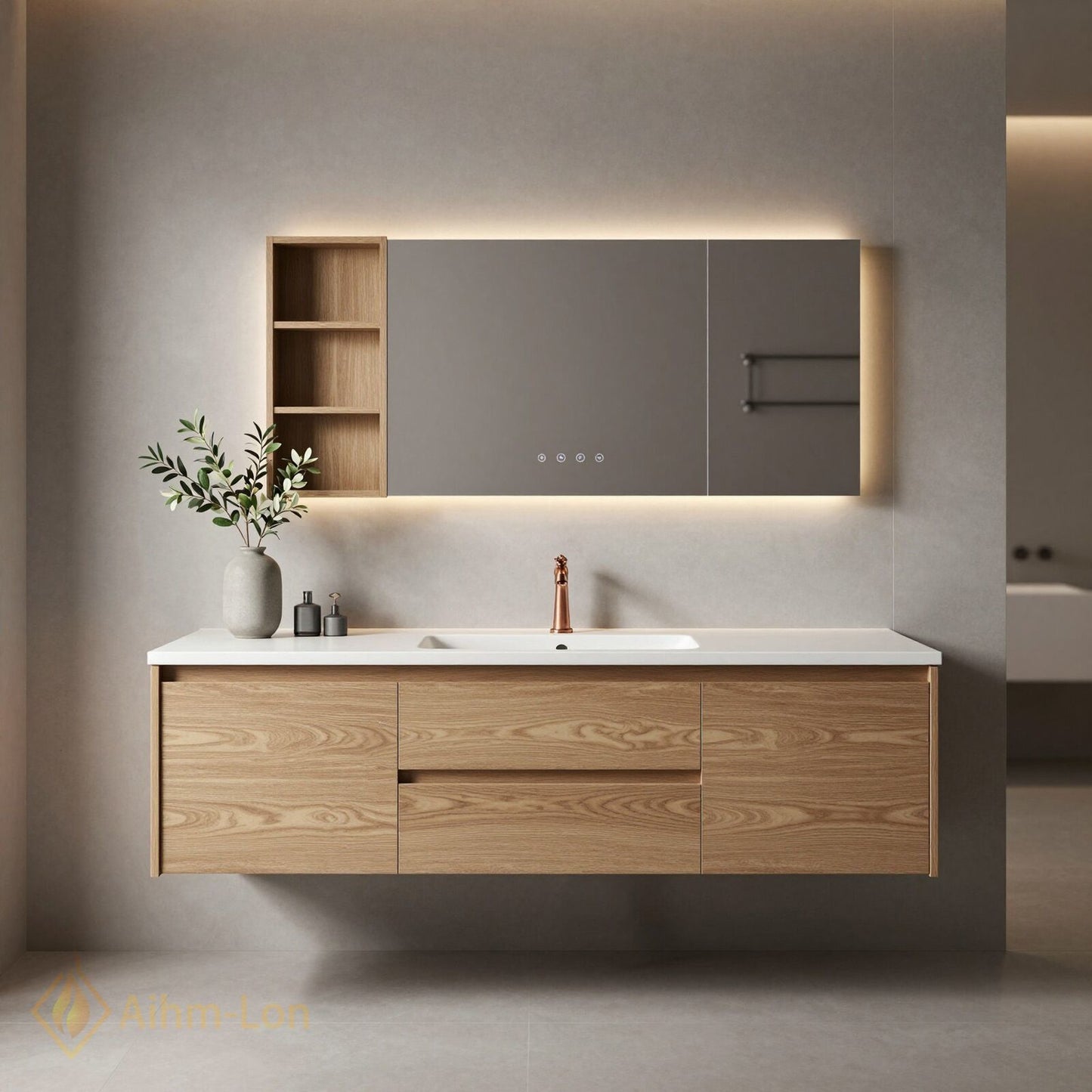 36''-64'' Floating Bathroom Vanity with Sink Sleek Natural Oak Grain Mirror Cabinet