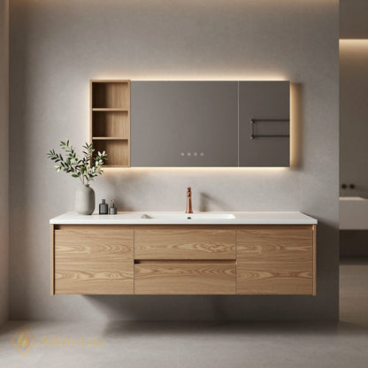 36''-64'' Floating Bathroom Vanity with Sink Sleek Natural Oak Grain Mirror Cabinet