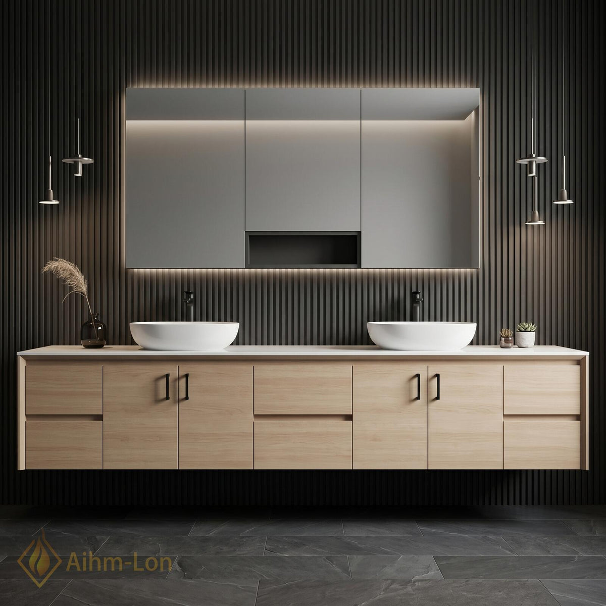 60''-96'' Double Bathroom Vanity with Sink Floating Solid Wood Veneer Mirror Storage