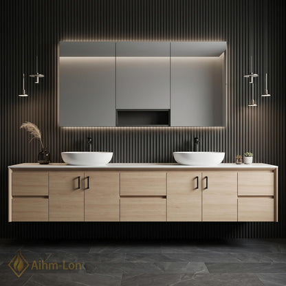 60''-96'' Double Bathroom Vanity with Sink Floating Solid Wood Veneer Mirror Storage