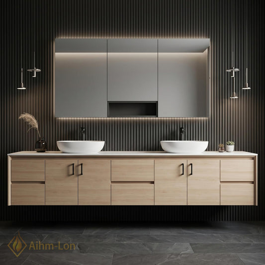 60''-96'' Double Bathroom Vanity with Sink Floating Solid Wood Veneer Mirror Storage