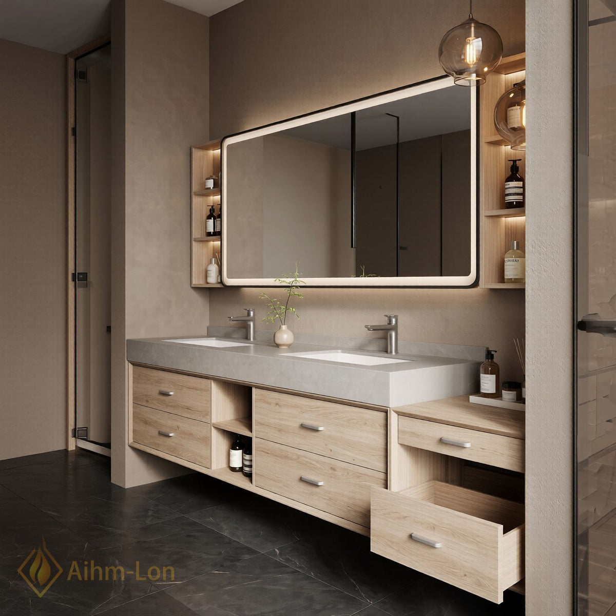 78''-96'' Double Bathroom Vanity with Sink Light Oak Finish Floating Vanity Station