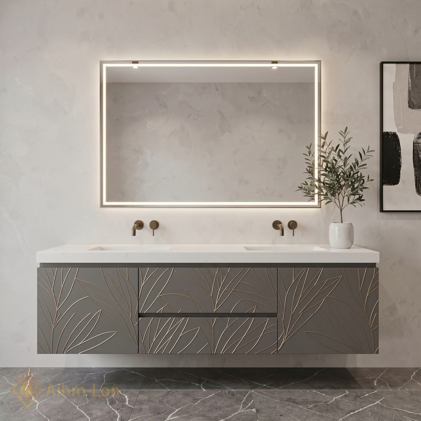 60''-96'' Double Bathroom Vanity with Sink Leaf-Textured Doors Integrated LED Mirror