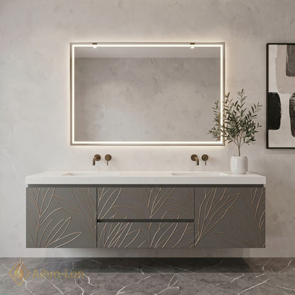 60''-96'' Double Bathroom Vanity with Sink Leaf-Textured Doors Integrated LED Mirror