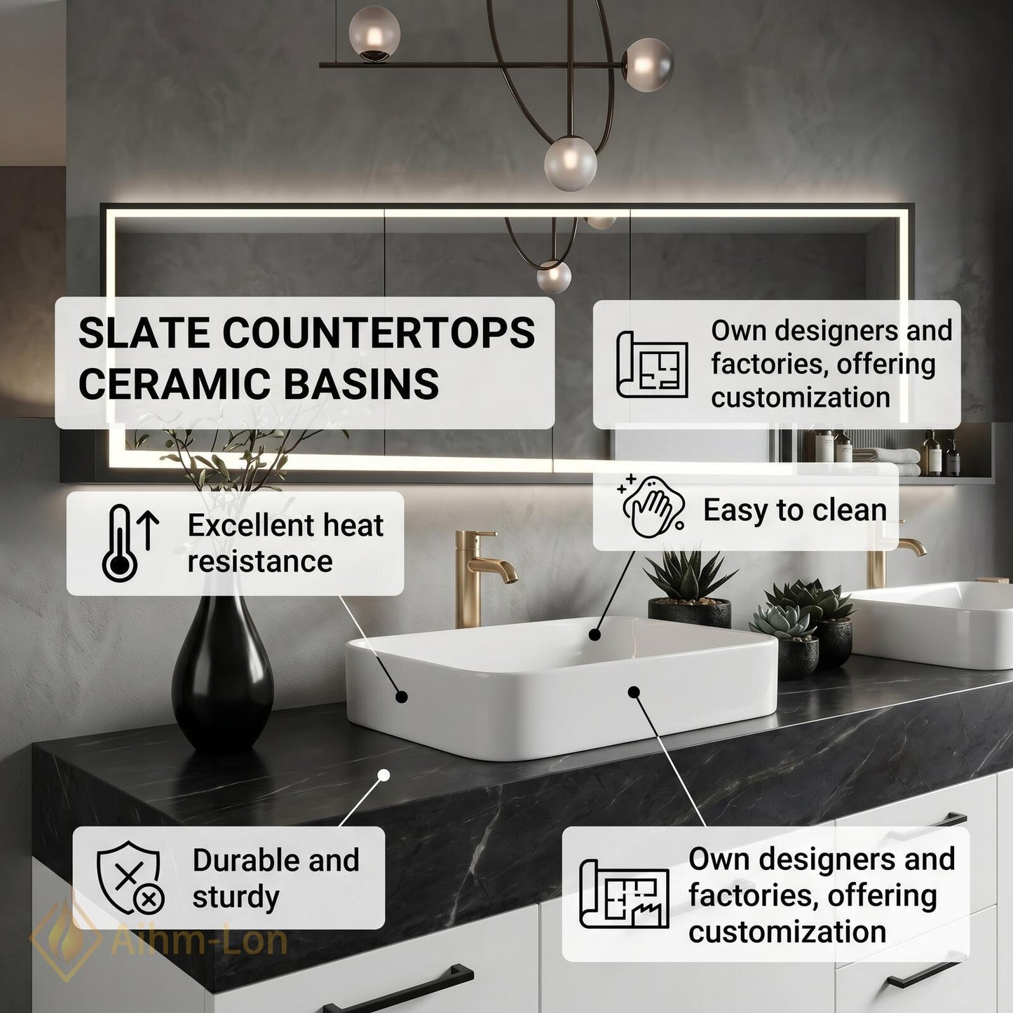 72''-96'' Double Bathroom Vanity with Sink White Dark Modern Floating Stone-Top