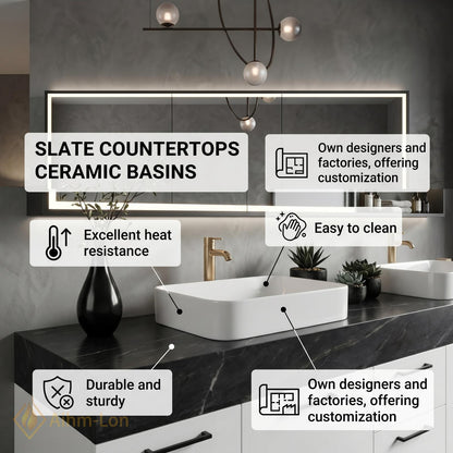 72''-96'' Double Bathroom Vanity with Sink White Dark Modern Floating Stone-Top