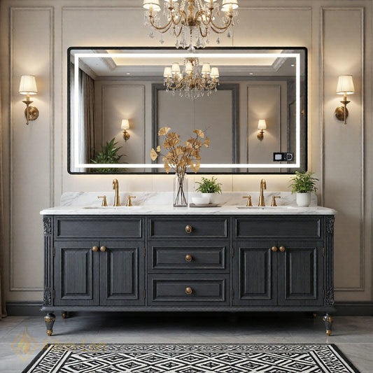 70''-96'' Double Bathroom Vanity with Sink Marble Top Cabinet Drawers Storage