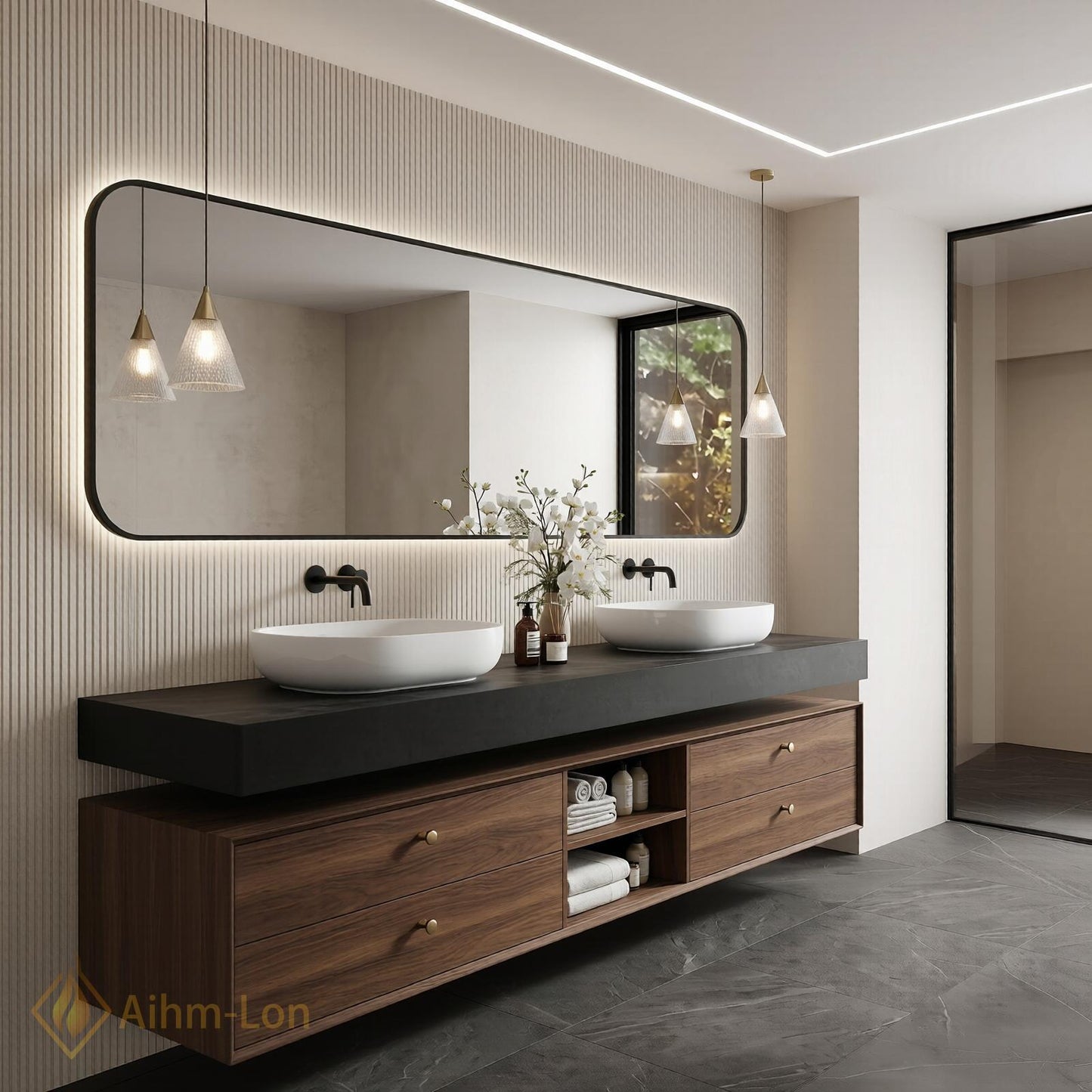 60''-96'' Double Bathroom Vanity with Sink Dark-Walnut Walnut Floating Modern Slatted Open-Shelving