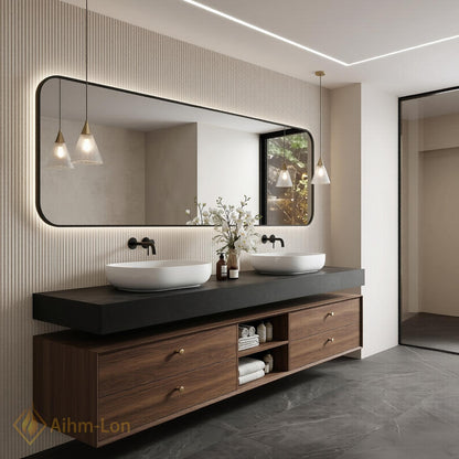 60''-96'' Double Bathroom Vanity with Sink Dark-Walnut Walnut Floating Modern Slatted Open-Shelving