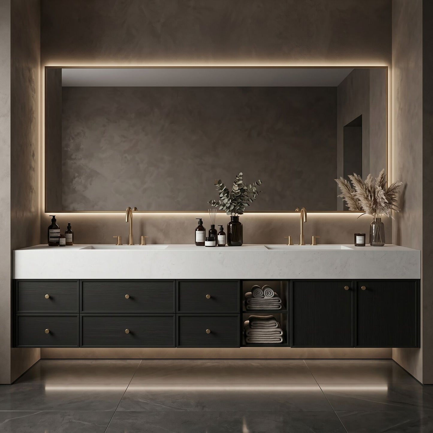 70''-96'' Double Bathroom Vanity with Sink Wall-Mounted Dark Oak Wood Grain Glass Shelf