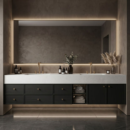 70''-96'' Double Bathroom Vanity with Sink Wall-Mounted Dark Oak Wood Grain Glass Shelf