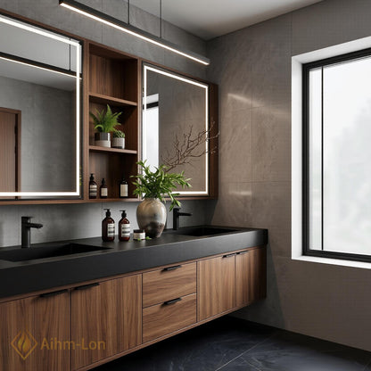60''-96'' Double Bathroom Vanity with Sink Modern Dark Walnut Finish Slatted Center