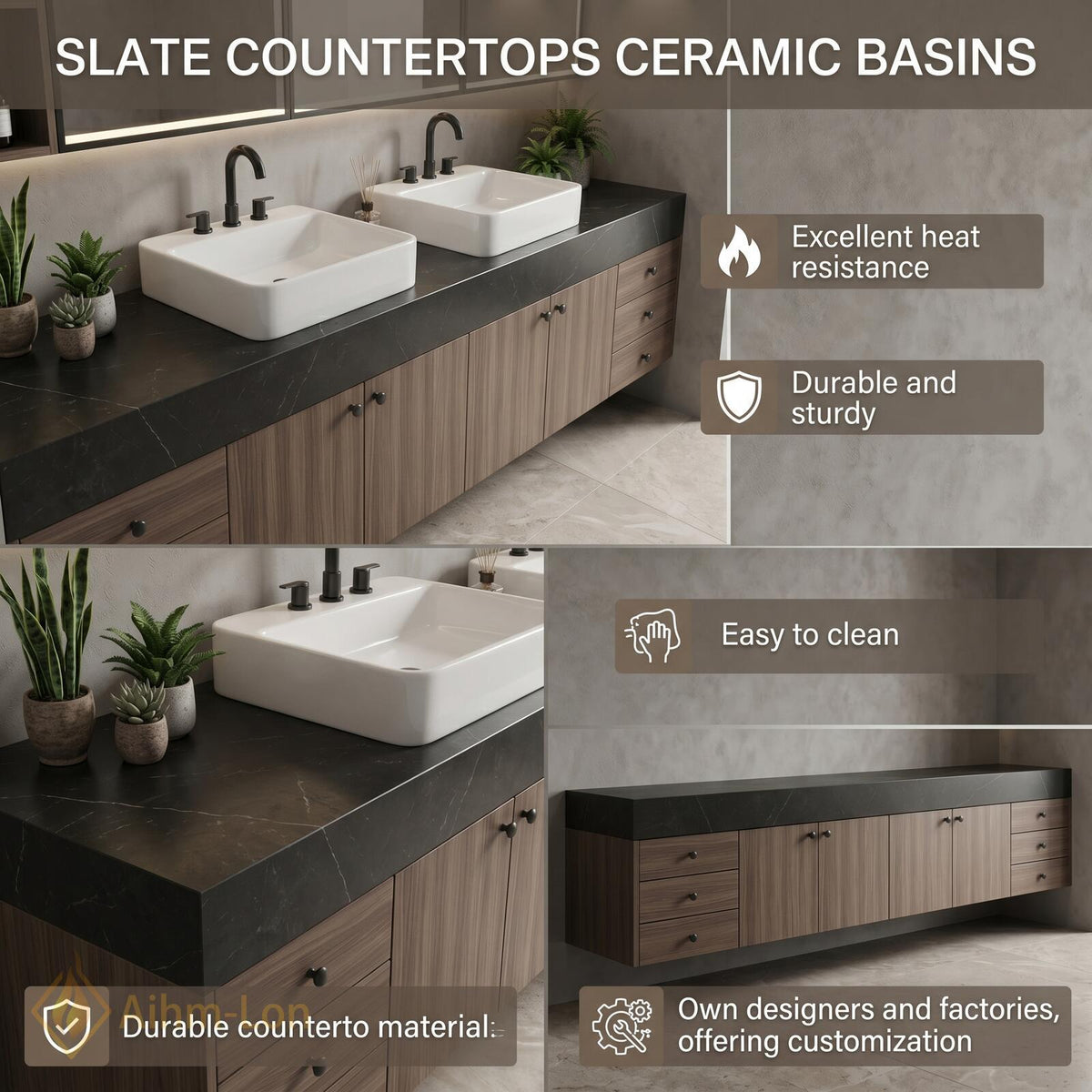 60''-96'' Double Bathroom Vanity with Sink Floating Dark Stone Top Wood Cabinet