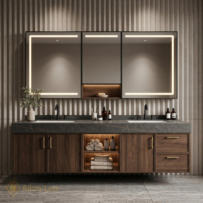 60''-96'' Double Bathroom Vanity with Sink Modern Floating Dark Stone Countertop Wood