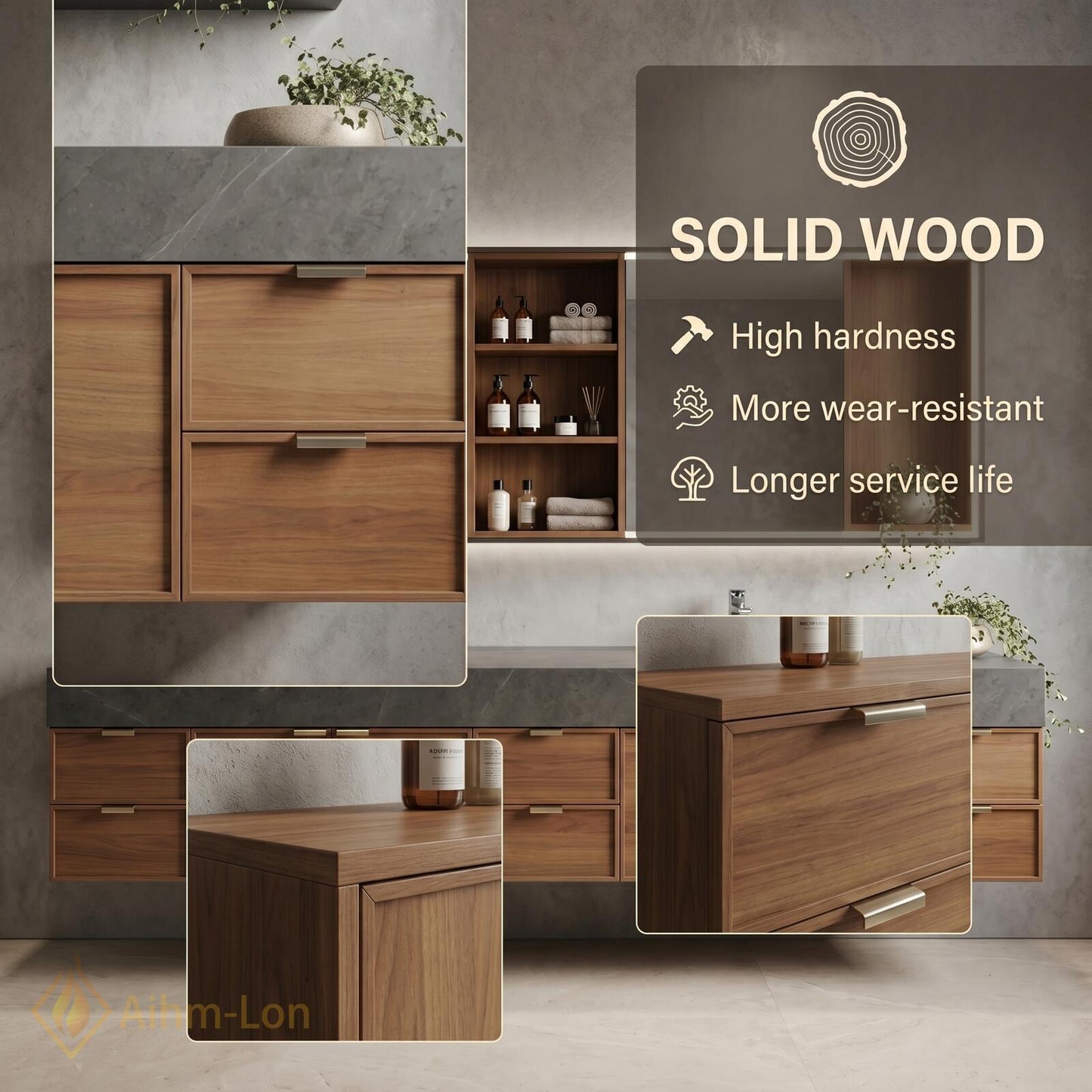 76''-96'' Modern Double Bathroom Vanity with Sink Floating Dark Stone Wood-Finish Cabinet