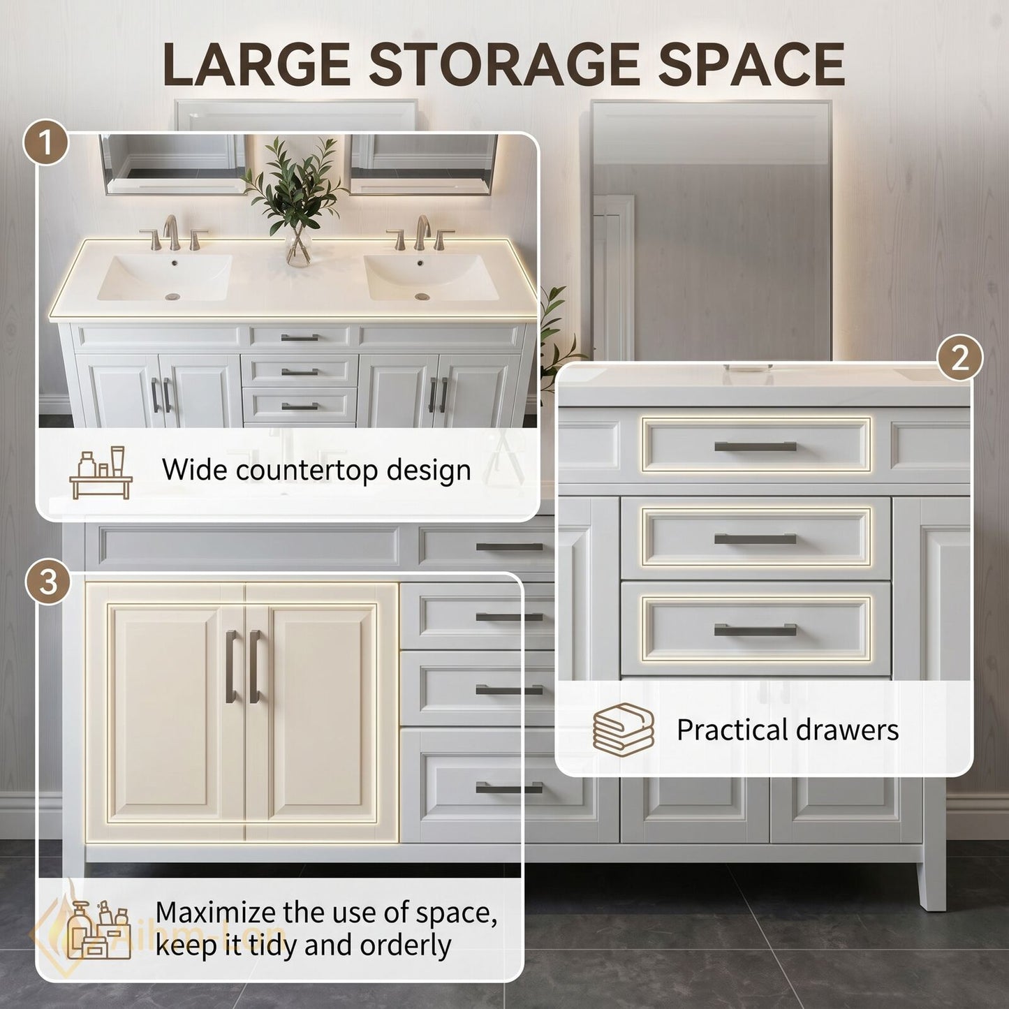 70''-96'' Refined Bathroom Vanity with Sink Crisp White Double Sink Raised Panel