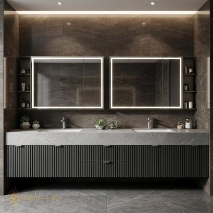 60''-96'' Bathroom Vanity with Sink Floating Stone Top Slatted Front Mirror Cabinets