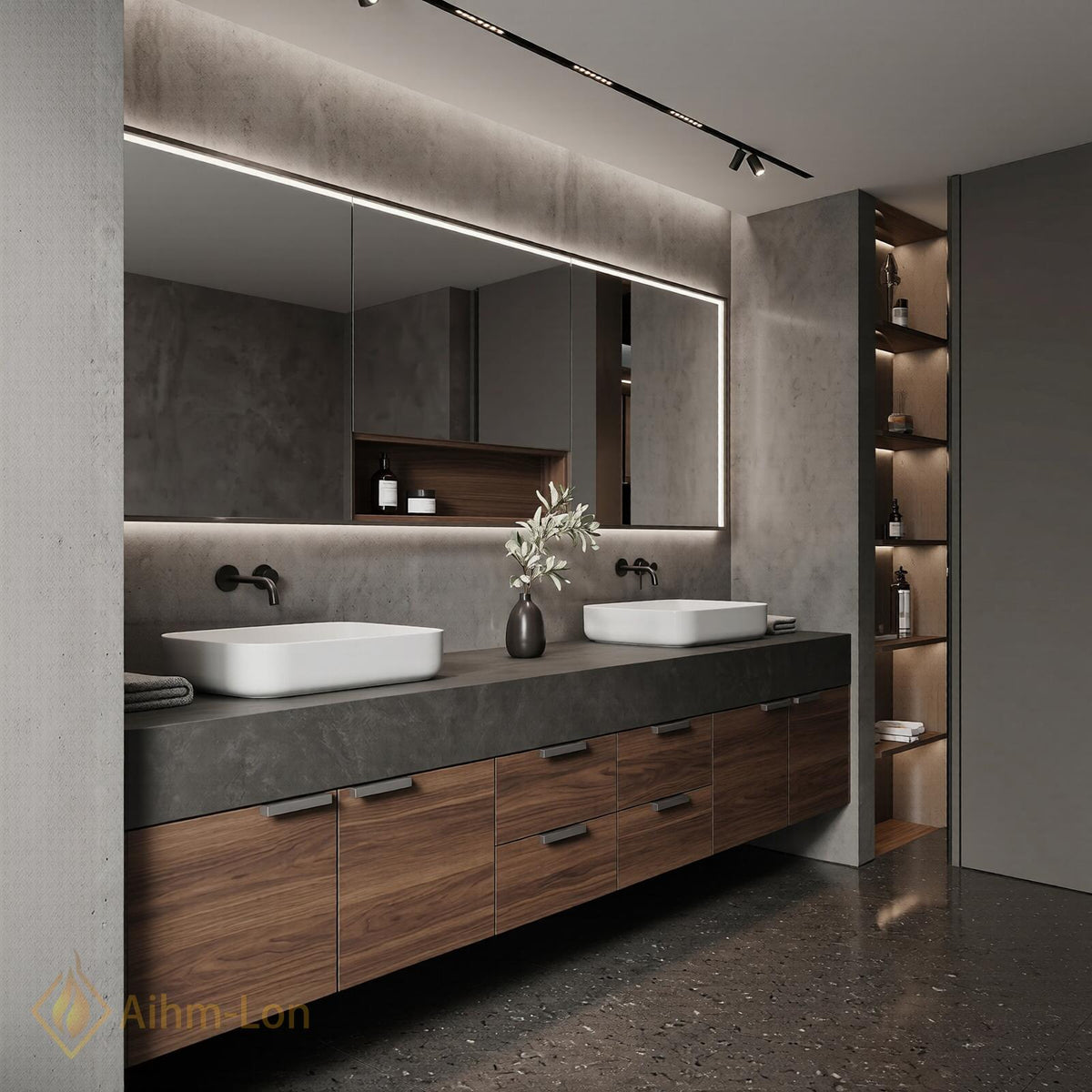 60''-96'' Double Bathroom Vanity with Sink Dark Walnut Slatted Center Panel Design