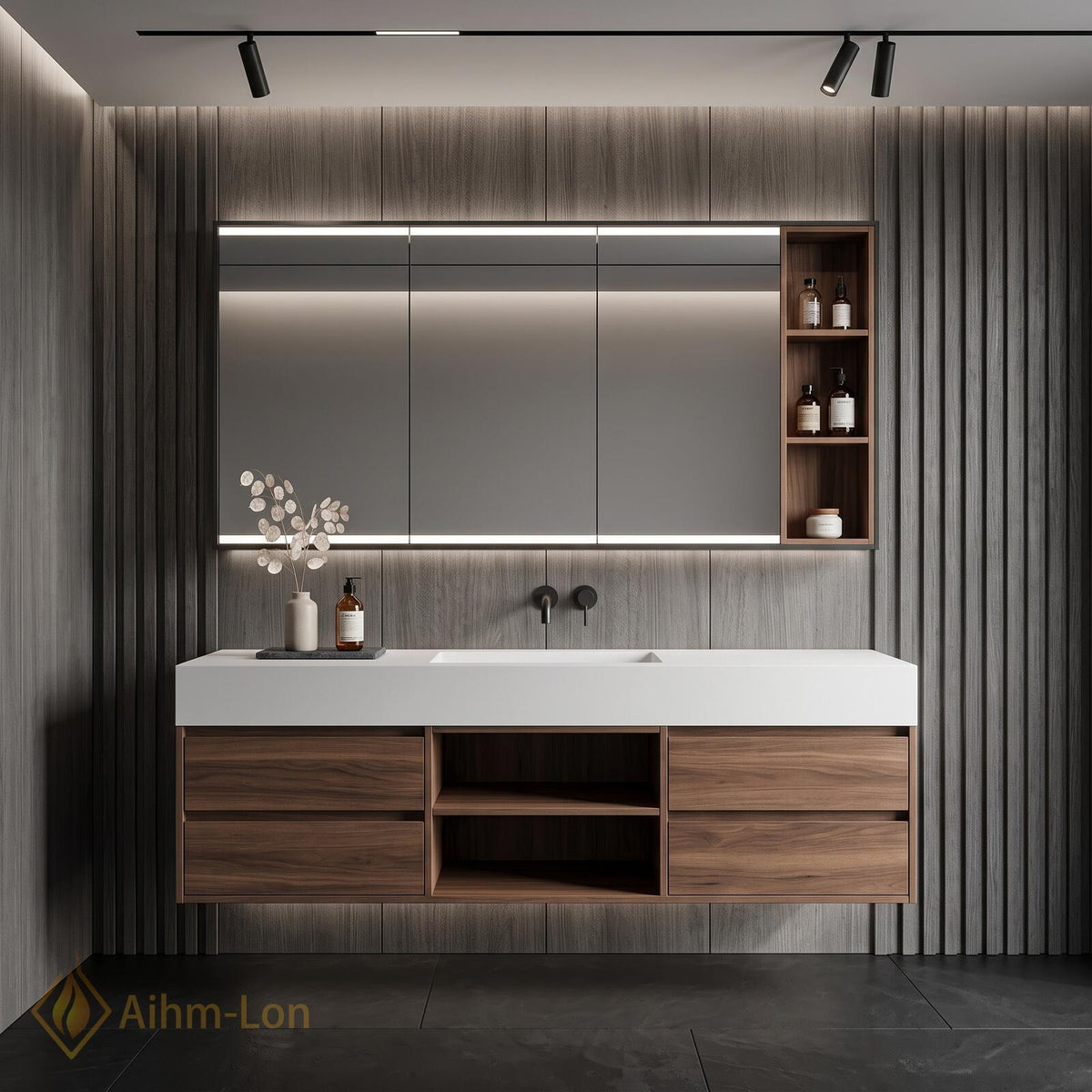 36''-110'' Bathroom Vanity with Sink Floating Streamlined Drawers Dark Wood Finish