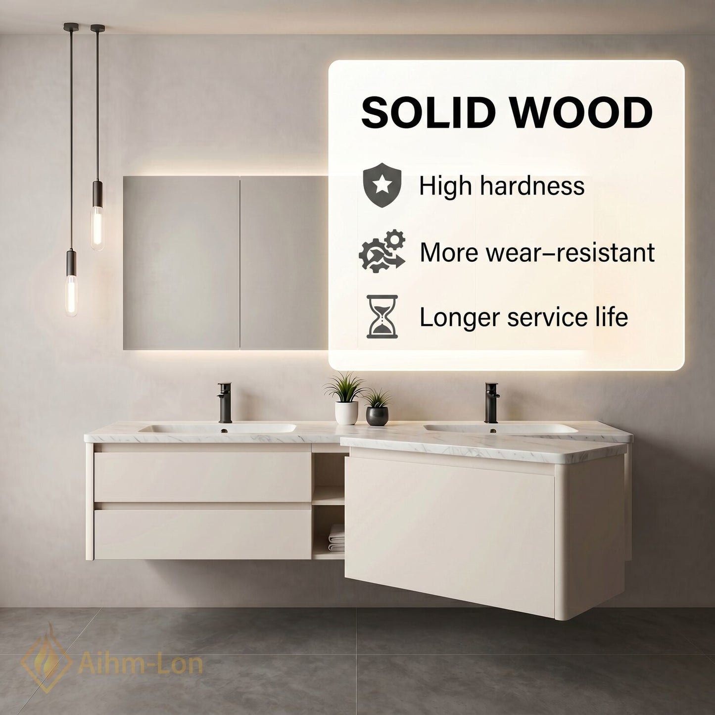 60''-96'' Floating Bathroom Vanity with Sink Dual Basin Center Shelving Soft Matte Finish