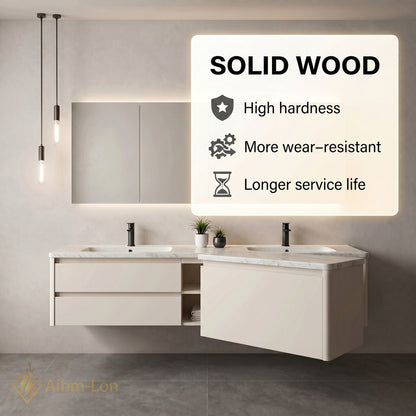 60''-96'' Floating Bathroom Vanity with Sink Dual Basin Center Shelving Soft Matte Finish