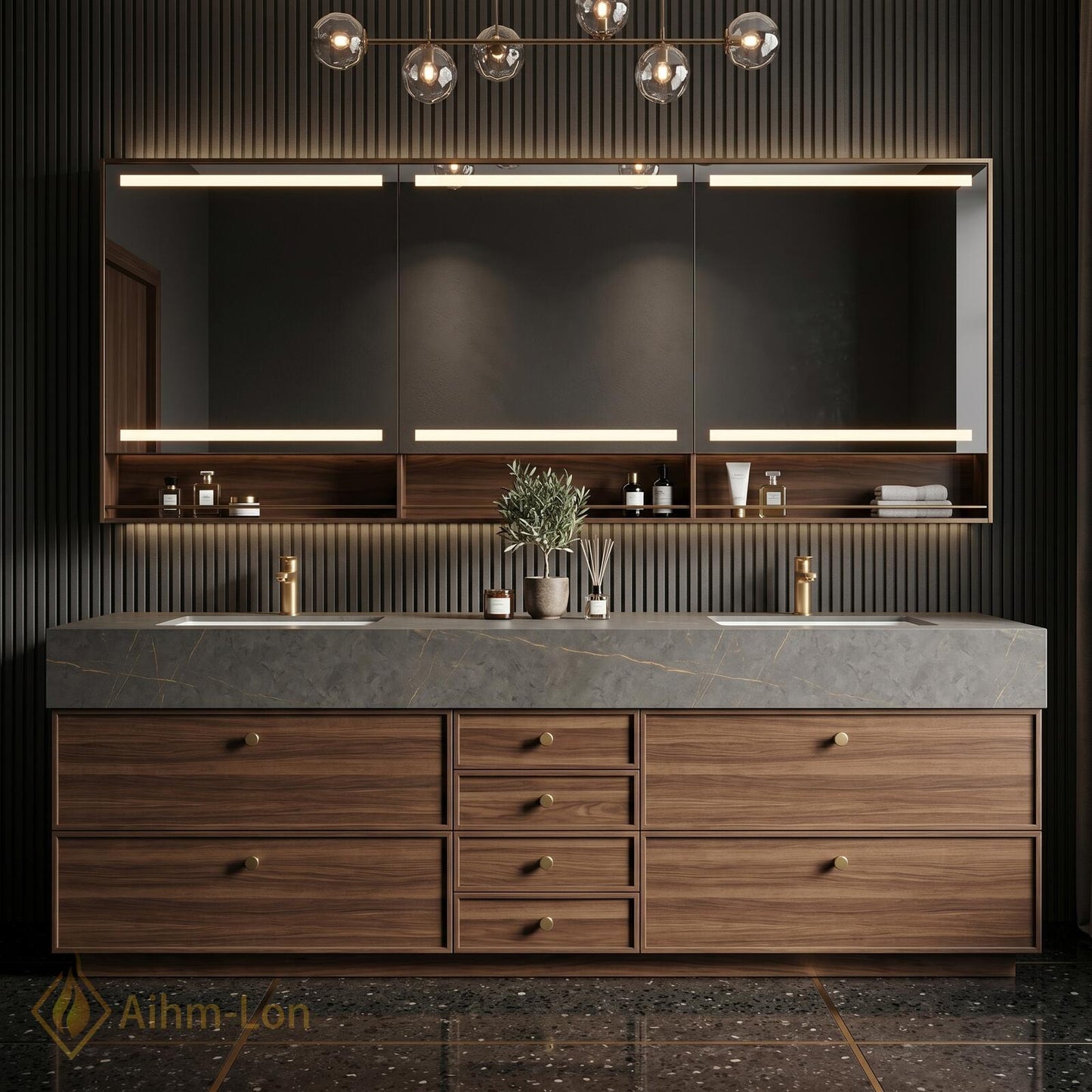 70''-96'' Modern Double Bathroom Vanity with Sink Floating Warm Walnut Grain Stack