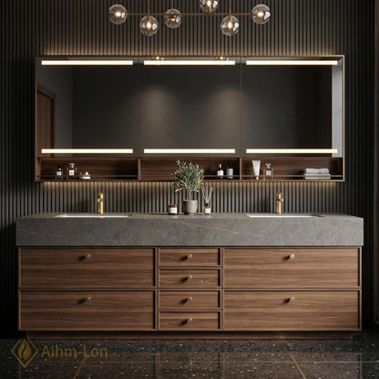 70''-96'' Modern Double Bathroom Vanity with Sink Floating Warm Walnut Grain Stack