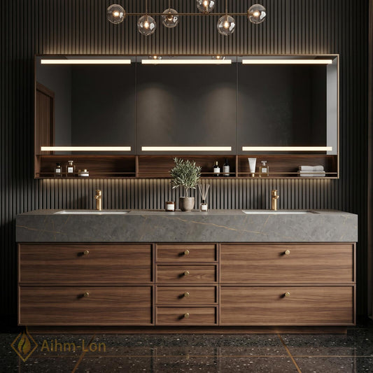 70''-96'' Modern Double Bathroom Vanity with Sink Floating Warm Walnut Grain Stack