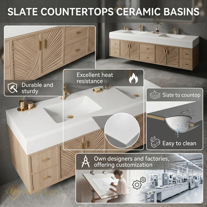 70''-96'' Double Bathroom Vanity with Sink Warm Light-Oak Floating Doors Radiant