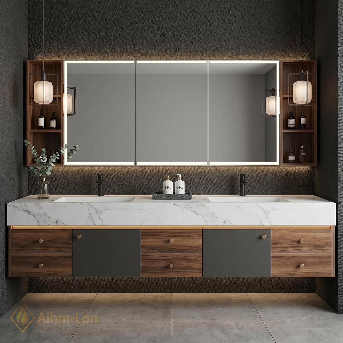 60''-96'' Double Bathroom Vanity with Sink White Marble Top Grey Panel Doors