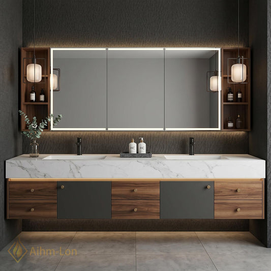 60''-96'' Double Bathroom Vanity with Sink White Marble Top Grey Panel Doors