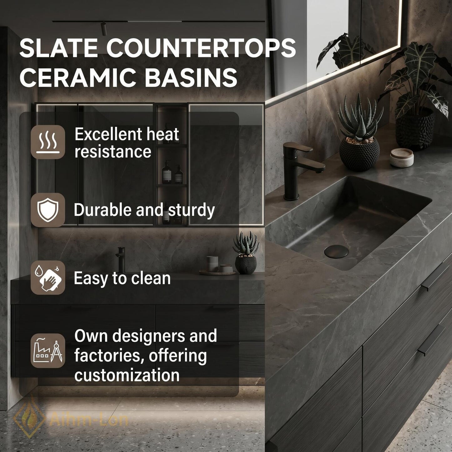 60''-96'' Modern Double Bathroom Vanity with Sink Floating Dark Stone-Grain Deep Drawer