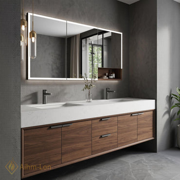 70''-96'' Modern Double Bathroom Vanity with Sink Floating Warm Walnut Open Shelving