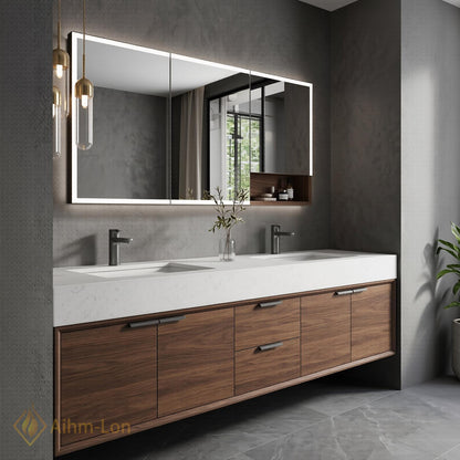 70''-96'' Modern Double Bathroom Vanity with Sink Floating Warm Walnut Open Shelving
