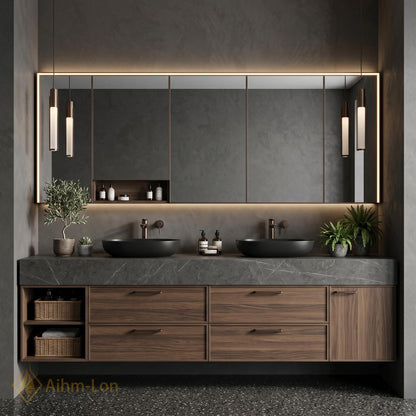 60''-96'' Double Bathroom Vanity with Sink Dark Walnut Finish Open Drawer Storage