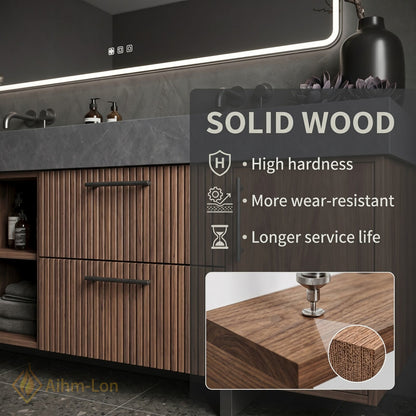 72''-96'' Double Bathroom Vanity with Sink Dark Walnut Slatted Center Open Shelving
