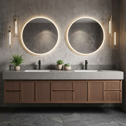 60''-96'' Modern Bathroom Vanity with Sink Double Sink Grey Marble Slatted Doors Cabinet