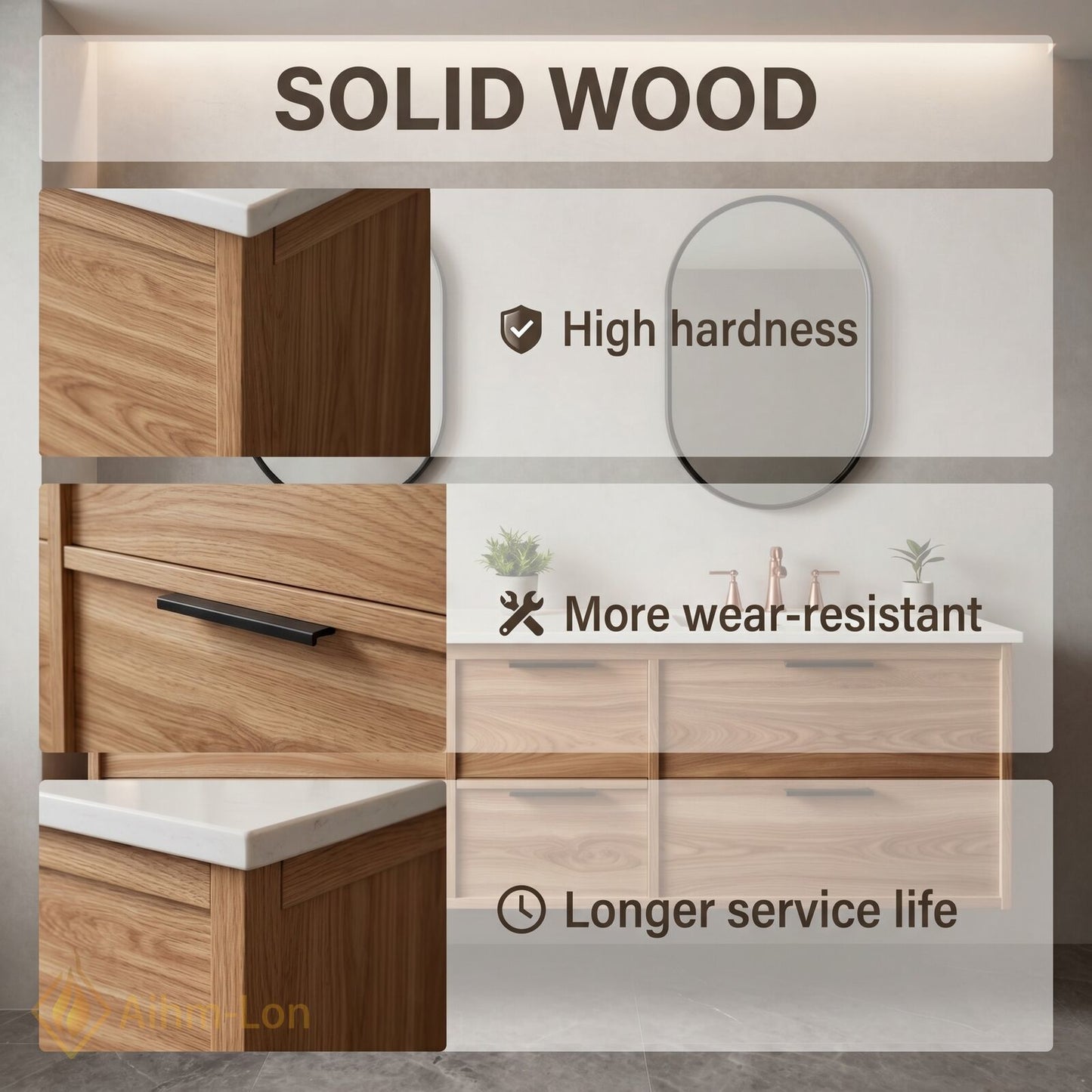 60''-96'' Modern Bathroom Vanity with Sink Oak Wood Grain Floating Drawers Countertop