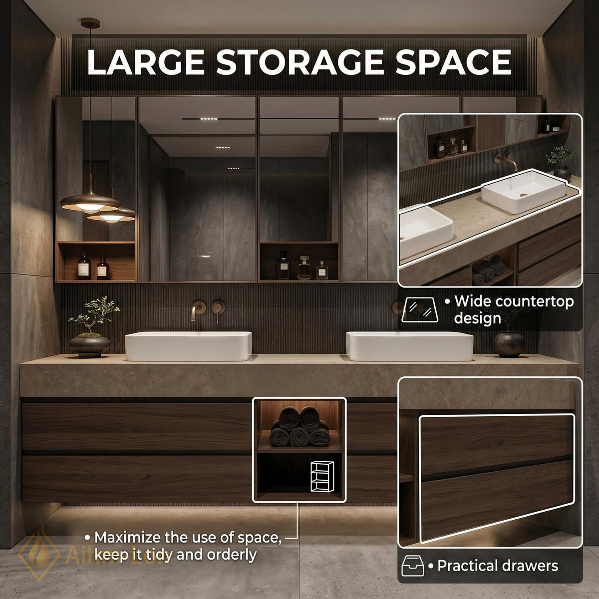 60''-96'' Double Bathroom Vanity with Sink Modern Floating Stone Top Dark Walnut