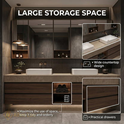 60''-96'' Double Bathroom Vanity with Sink Modern Floating Stone Top Dark Walnut