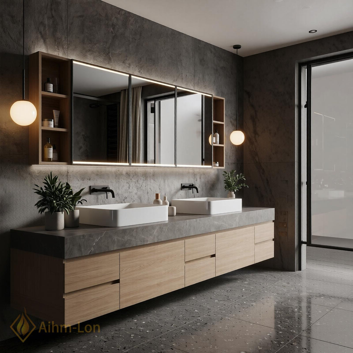 60''-96'' Double Bathroom Vanity with Sink Floating Grey Stone Top Wood Grain