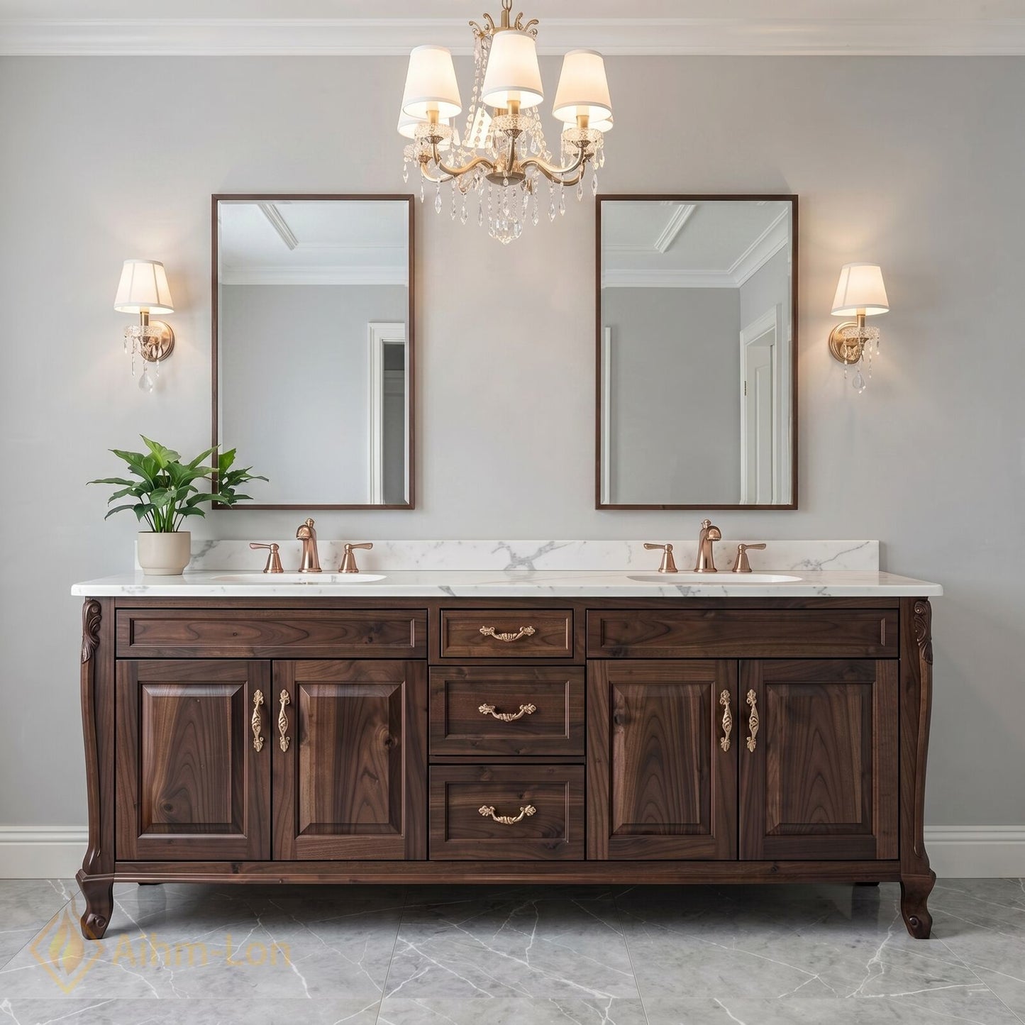 60''-96'' Classic Bathroom Vanity with Sink Dark Wood Carved Marble Brass Drawers
