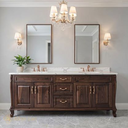 60''-96'' Classic Bathroom Vanity with Sink Dark Wood Carved Marble Brass Drawers