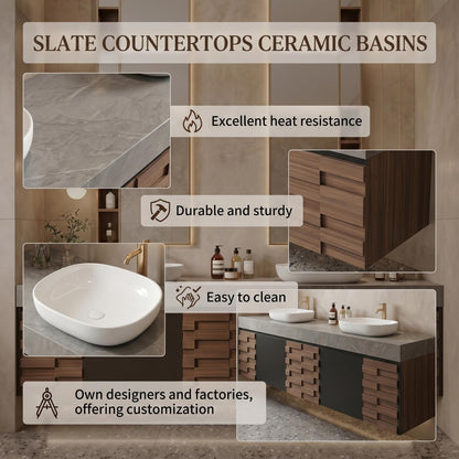 60''-96'' Double Bathroom Vanity with Sink Modern Floating Geometric Drawer Solid Wood Grain