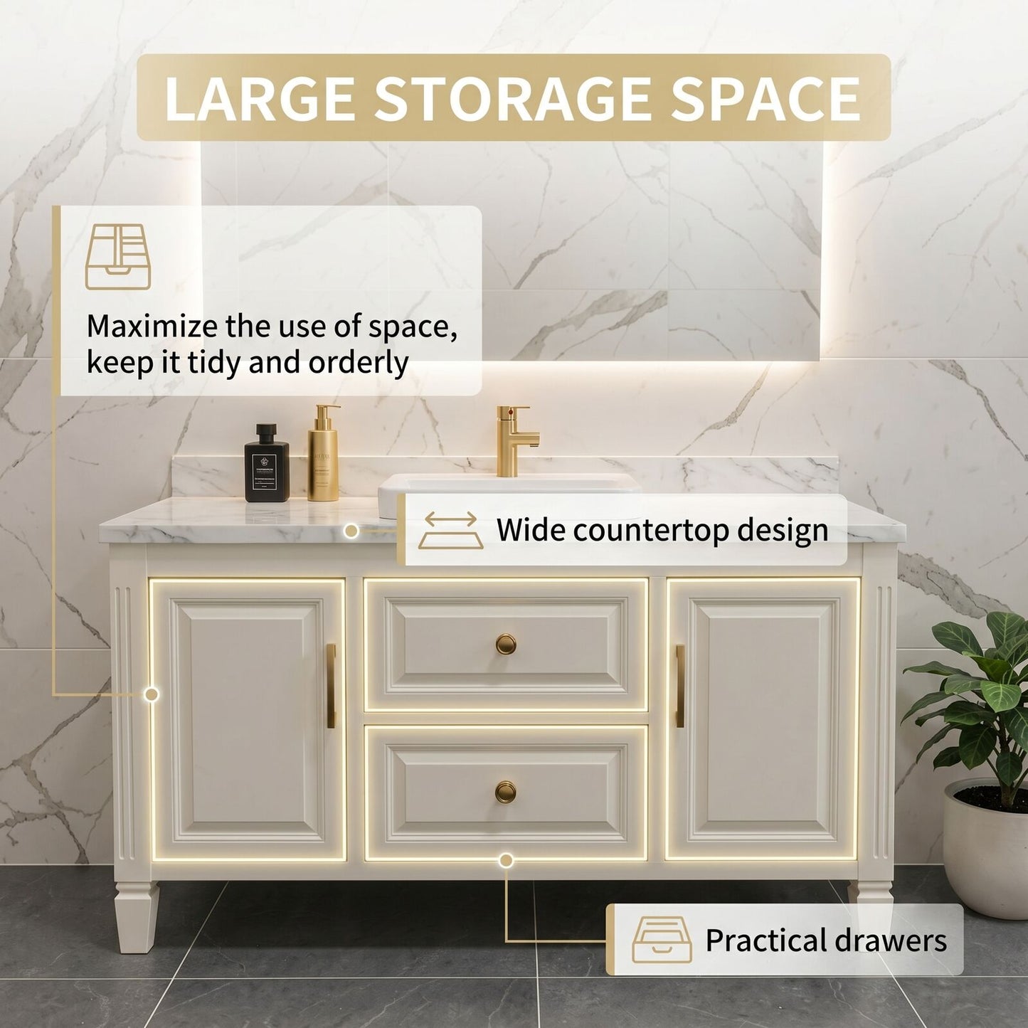 50''-64'' Elegant Bathroom Vanity with Sink White Wood-Paneled Stone LED Fluted Mirror