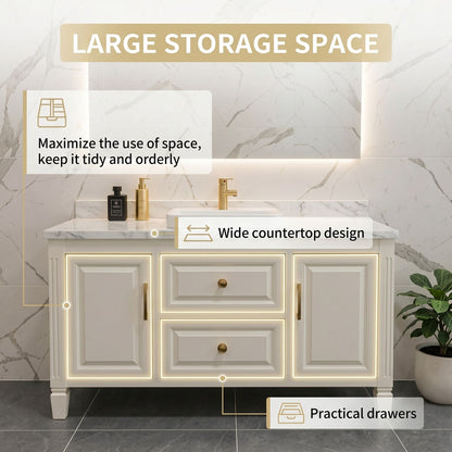 50''-64'' Elegant Bathroom Vanity with Sink White Wood-Paneled Stone LED Fluted Mirror