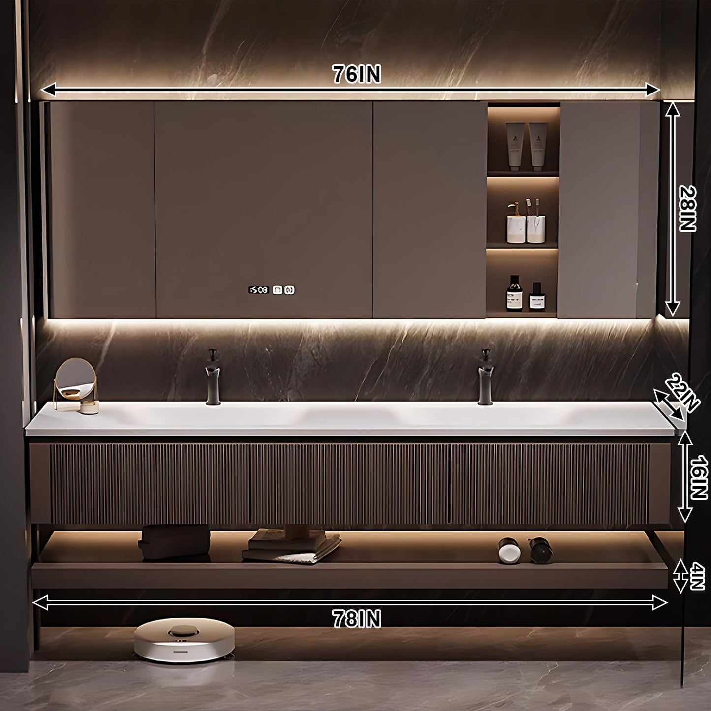 52"-96"Modern Solid Wood Bathroom Vanity ,Smart Defog Mirror