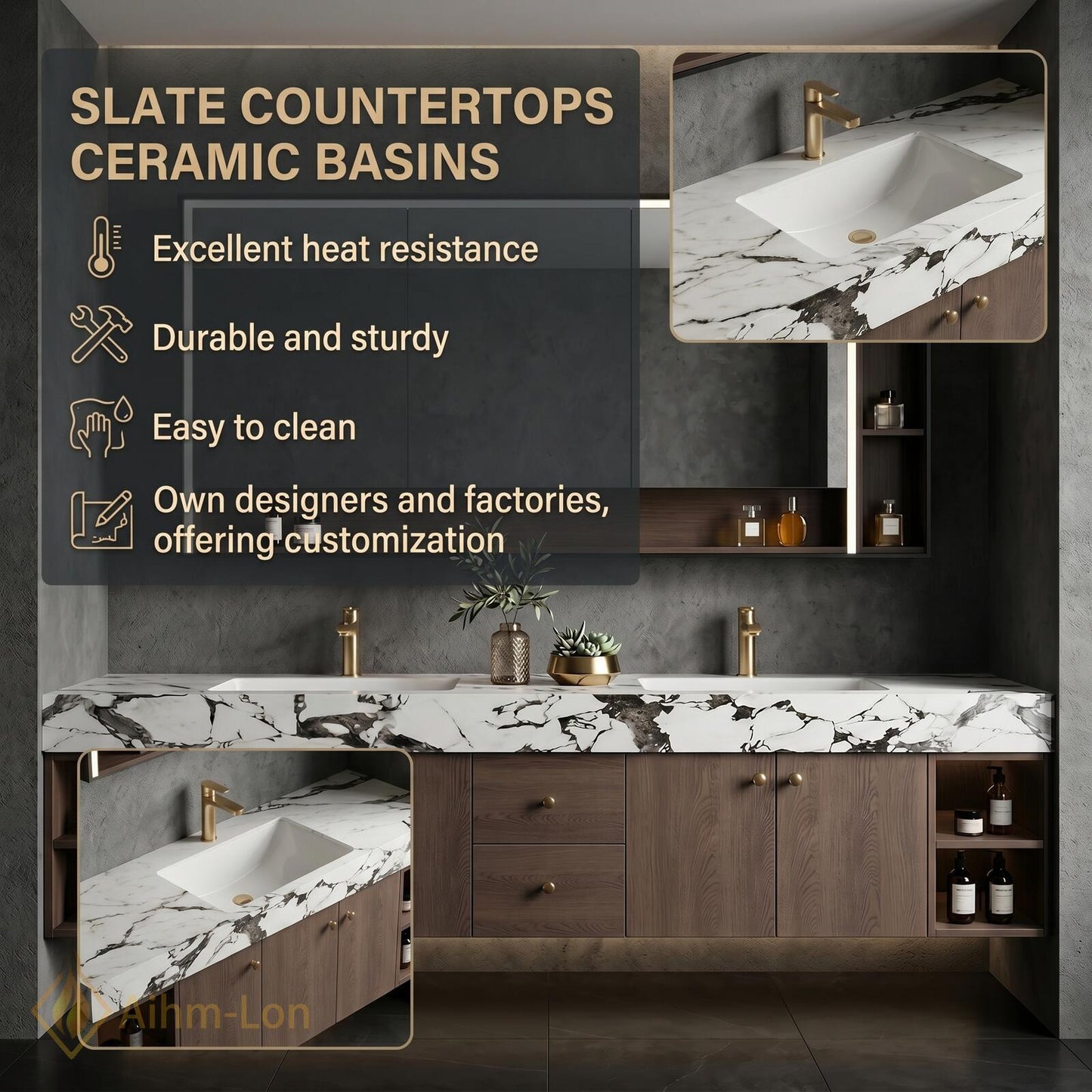 70''-96'' Floating Double Bathroom Vanity with Sink Dark Walnut Slatted Center Panel