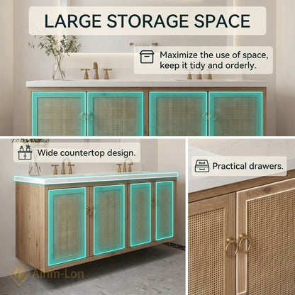60''-96'' Floating Bathroom Vanity with Sink Double Sink Natural Oak Rattan Doors Mirror